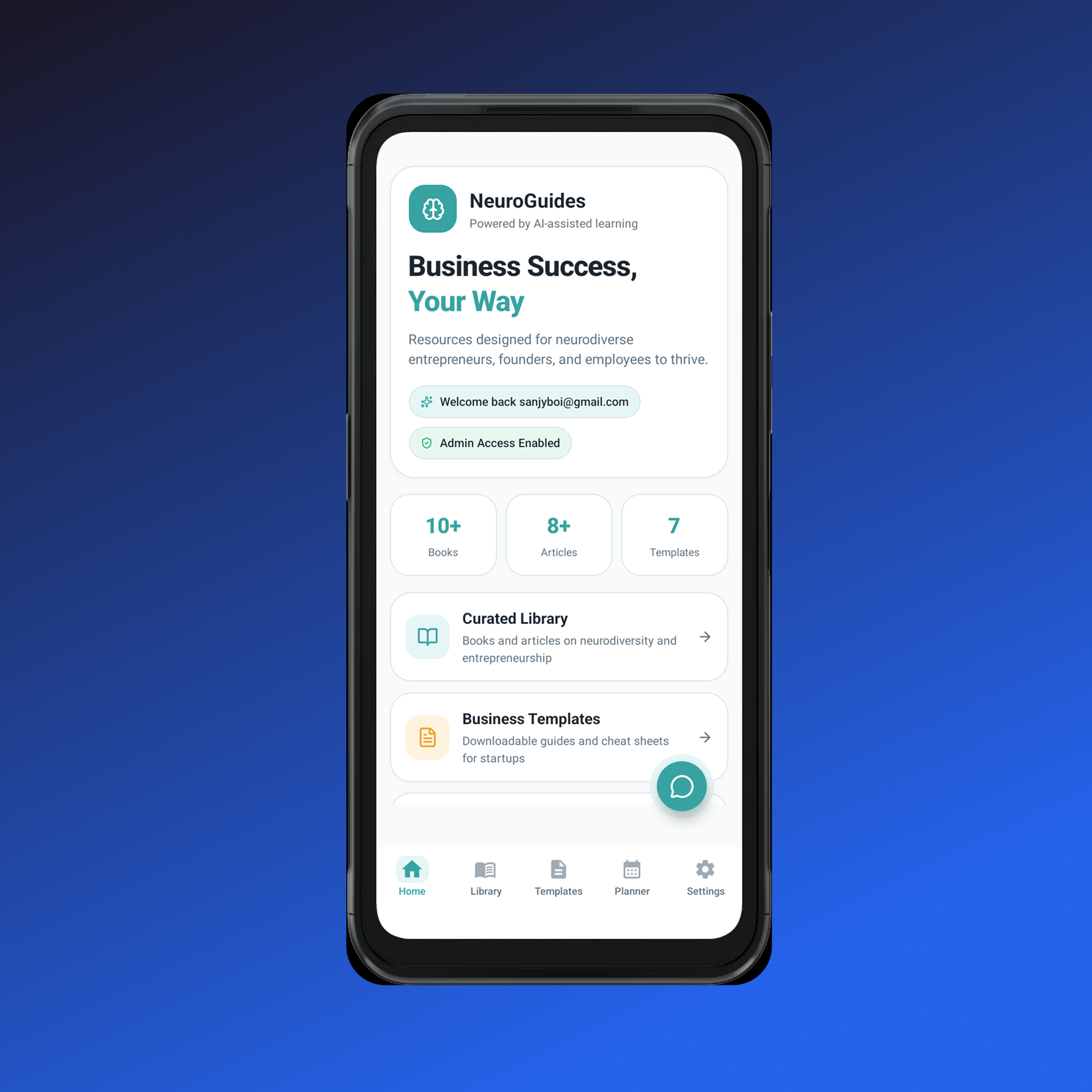 Interface preview of the Neuro Diverse Entrepreneur App